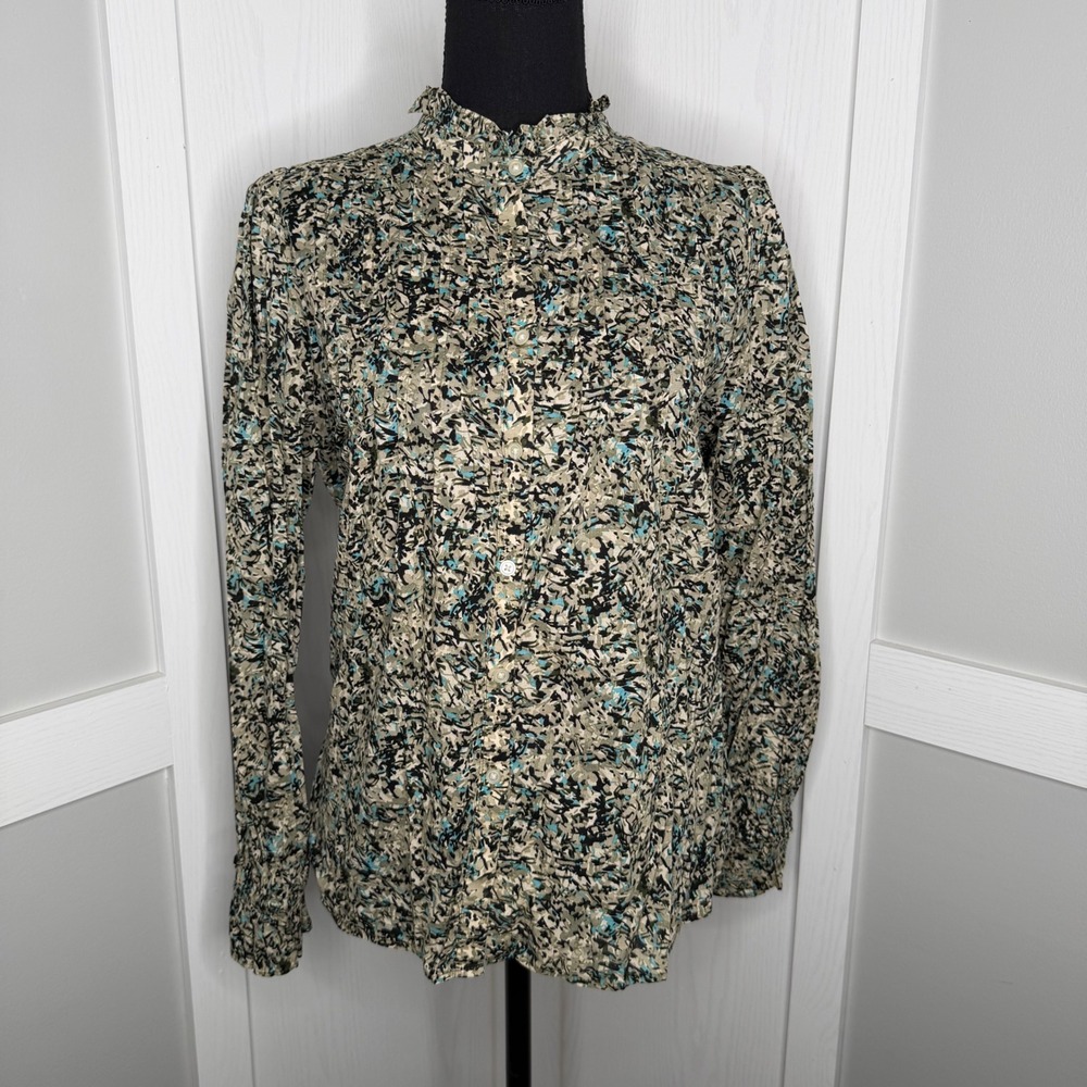 Loft Top Long Sleeve Women Small Olive Green Abstract Print Pleated Button Up